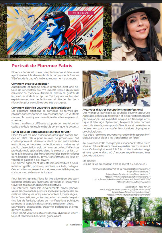 Scan de l'article du journal Info Gattières présentant l'artiste Florence Fabris et sa fresque murale au monument aux morts.